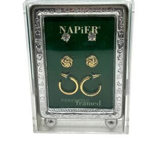 Napier Earring Set in Box Gift Gold Tone and Rhinestone Women's Studs and Hoops